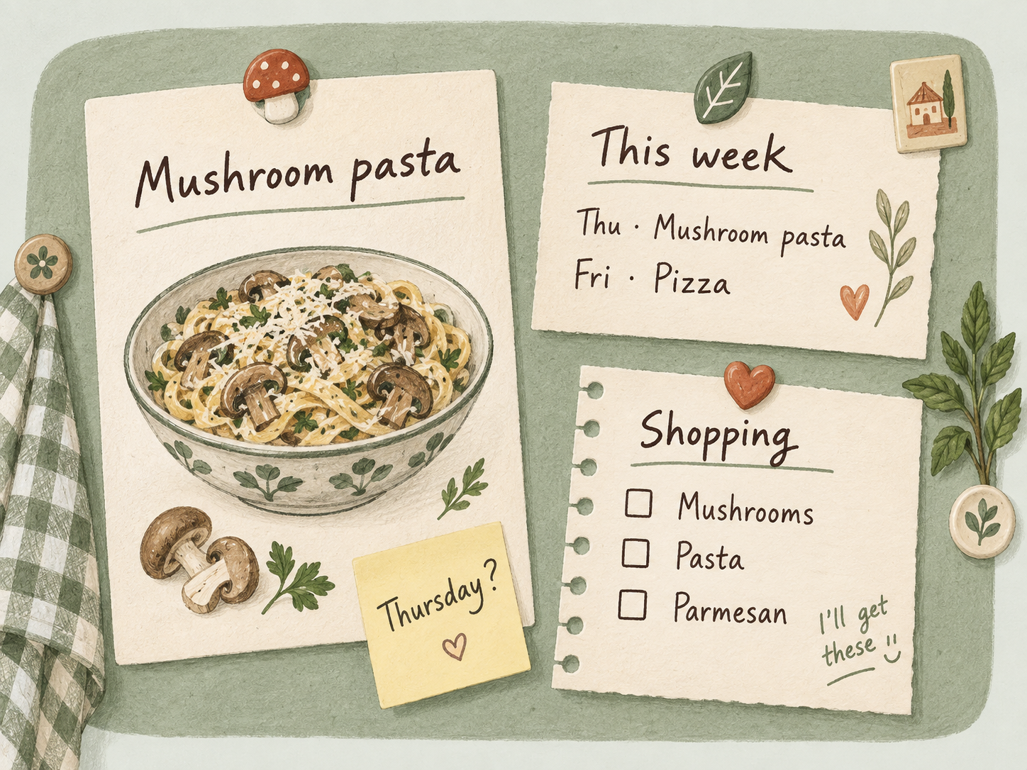 An illustrated kitchen noticeboard: mushroom pasta planned for Thursday, a shopping list, and a household member's note saying I'll get these.